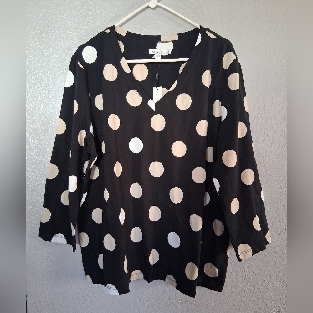 Chico's NWT Cotton Span Dots Perfect 3/4 Sleeve Black 4/XXL